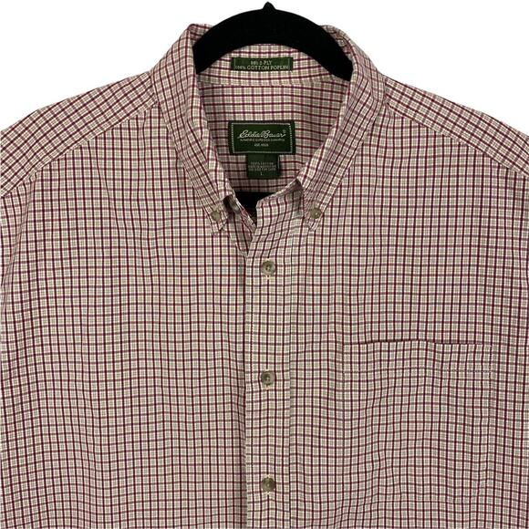 Eddie Bauer Red Plaid Short Sleeve 100% Cotton Button Up Shirt Size Large - Picture 2 of 5